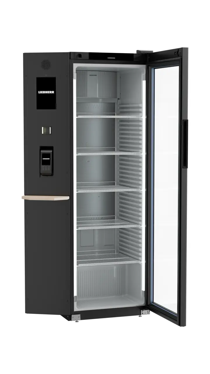 Produkt-Bild, Perspektive: schräg offen leer, Kühlgerät mit Umluftkühlung, Gehäusefarbe: Schwarz, Türfarbe: Schwarz