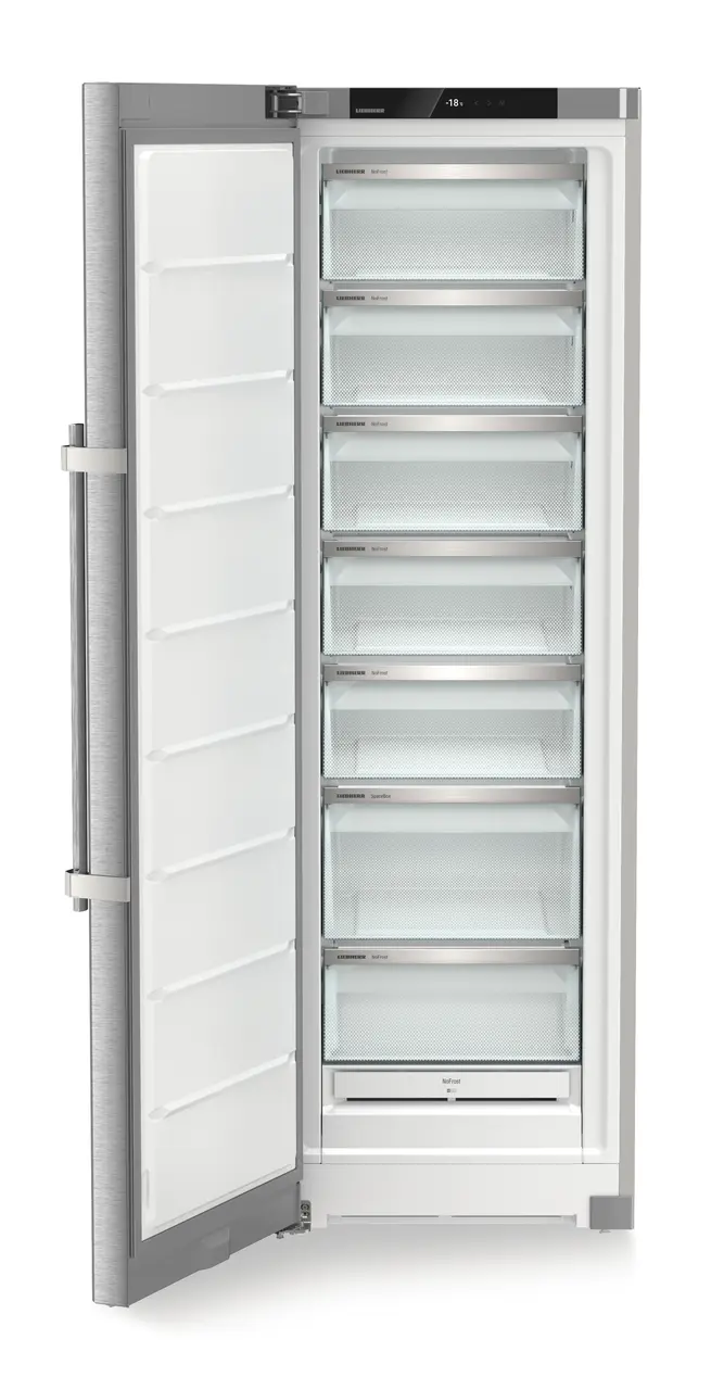 Изображение продукции, Перспектива: Прямо, с открытой дверцей, без продуктов, Морозильная камера с системой NoFrost, Цвет корпуса: серебристый, Цвет дверцы: нержавеющая сталь