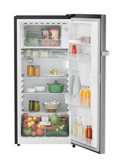 Product image, Perspective: straight open decorated, Single-door refrigerator 191 l in 3 star and horizontal handle, Casing colour: grey, Door colour: Silver Steel