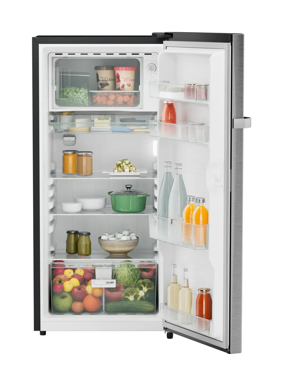 Product image, Perspective: straight open decorated, Single-door refrigerator 191 l in 3 star and horizontal handle, Casing colour: grey, Door colour: Silver Steel