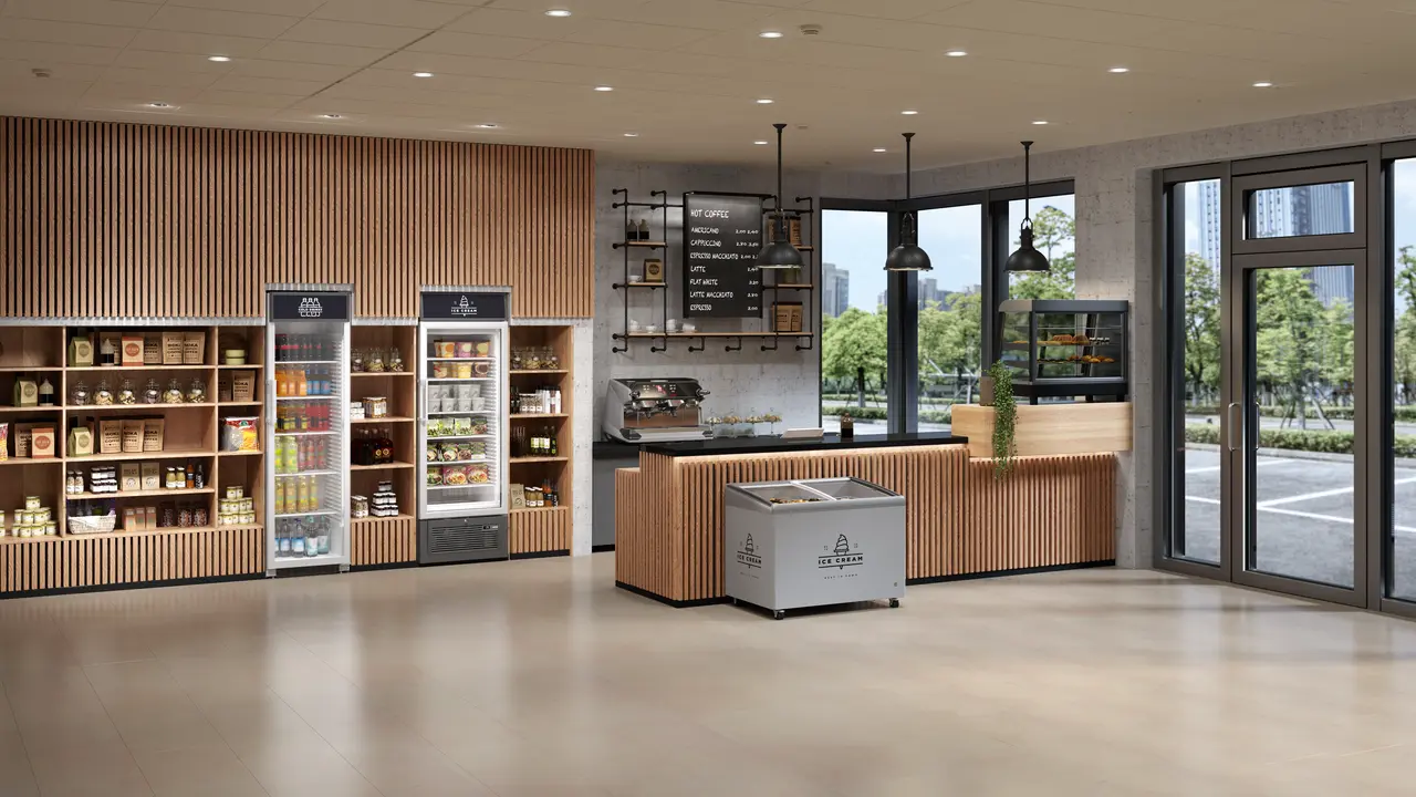 Изображение продукции, Перспектива: Внешние условия, Холодильник для торговых залов с циркуляционным воздушным охлаждением, Цвет корпуса: серый, Цвет дверцы: серый