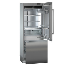 Product image, Perspective: oblique open empty, Combined refrigerator-freezer with BioFresh and NoFrost for integrated use, Casing colour: grey