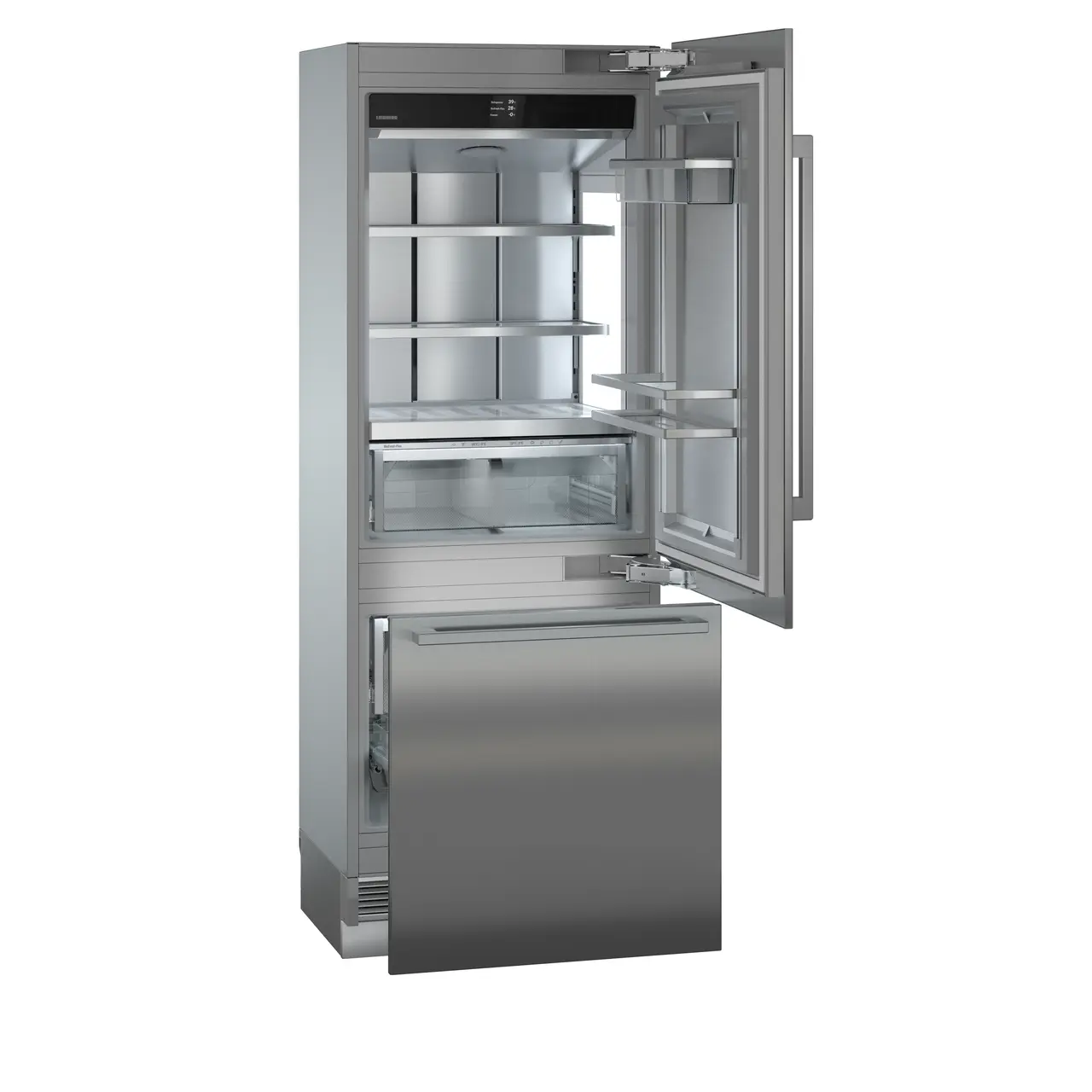 Product image, Perspective: oblique open empty, Combined refrigerator-freezer with BioFresh and NoFrost for integrated use, Casing colour: grey