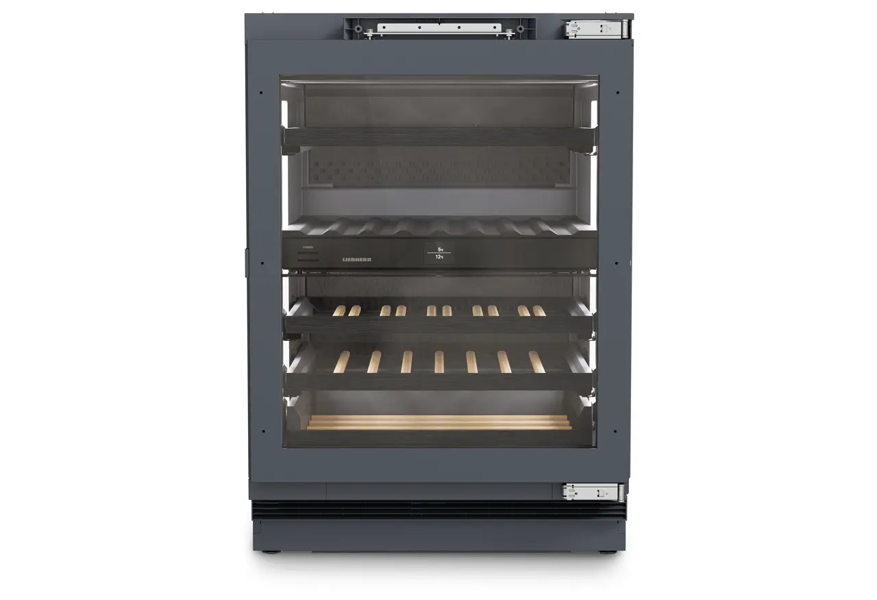 Изображение продукции, Перспектива: Прямо, с закрытой дверцей, без продуктов, Винный холодильник подходит для установки под столешницей для темперирования вина., Цвет корпуса: Антрацит, Цвет дверцы: Антрацит