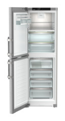 Product image, Perspective: straight open empty, Combination with NoFrost freezer compartment and full-space BioFresh, Casing colour: silver, Door colour: stainless steel