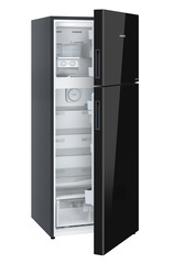 Product image, Perspective: oblique half-open empty, Fridge-freezer with NoFrost, Casing colour: grey, Door colour: Black Gloss