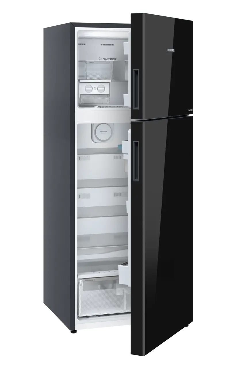 Product image, Perspective: oblique half-open empty, Fridge-freezer with NoFrost, Casing colour: grey, Door colour: Black Gloss