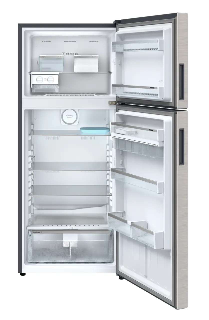 Product image, Perspective: straight open empty, Fridge-freezer with NoFrost, Casing colour: grey, Door colour: Stainless Steel
