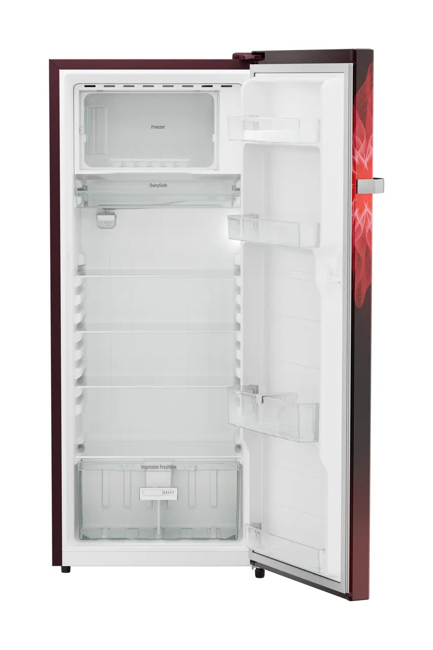 Product image, Perspective: straight open empty, Single-door refrigerator 222 l in 4 star with iCoolTouch UI, Casing colour: red, Door colour: Red Mystiq