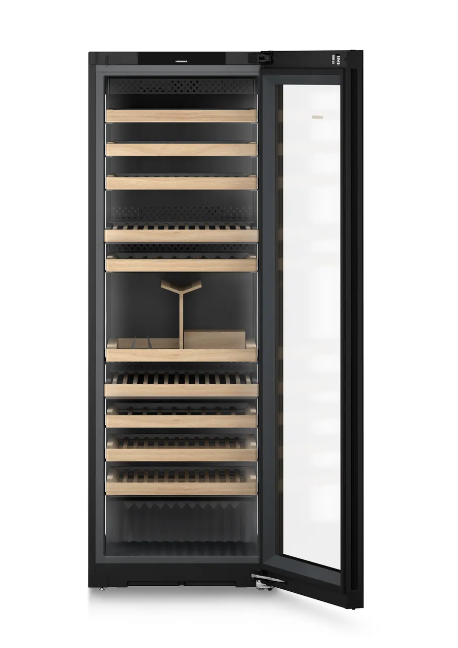 Product image, Perspective: straight open empty, Multi-temperature wine cabinet, Casing colour: BlackSteel, Door colour: GlassBlack