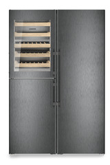Produkt-Bild, Perspektive: gerade geschlossen, Side-by-Side-Kombination mit Weintemperierteil, Gehäusefarbe: BlackSteel, Türfarbe: BlackSteel