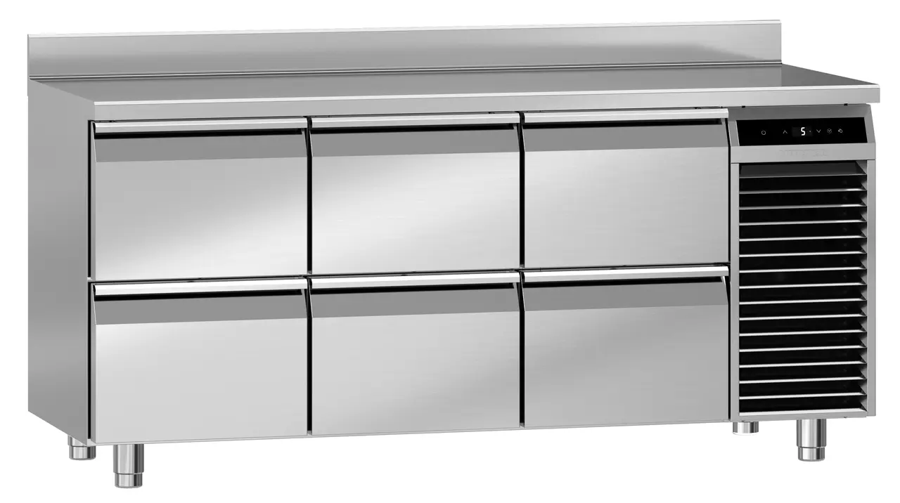 Image de produit, Perspective: Oblique fermé, Table réfrigérée avec réfrigération dynamique, Couleur de l’habillage: acier inox, Couleur de porte: acier inox