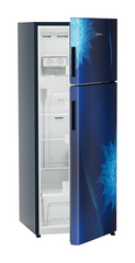 Product image, Perspective: oblique half-open empty, Fridge-freezer with NoFrost, Casing colour: blue, Door colour: Blue Mystiq
