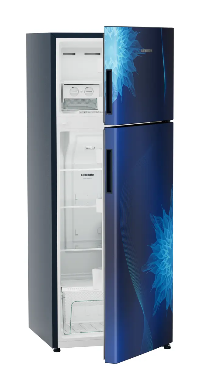 Product image, Perspective: oblique half-open empty, Fridge-freezer with NoFrost, Casing colour: blue, Door colour: Blue Mystiq
