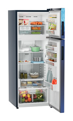 Product image, Perspective: oblique open decorated, Fridge-freezer with NoFrost, Casing colour: blue, Door colour: Blue Mystiq