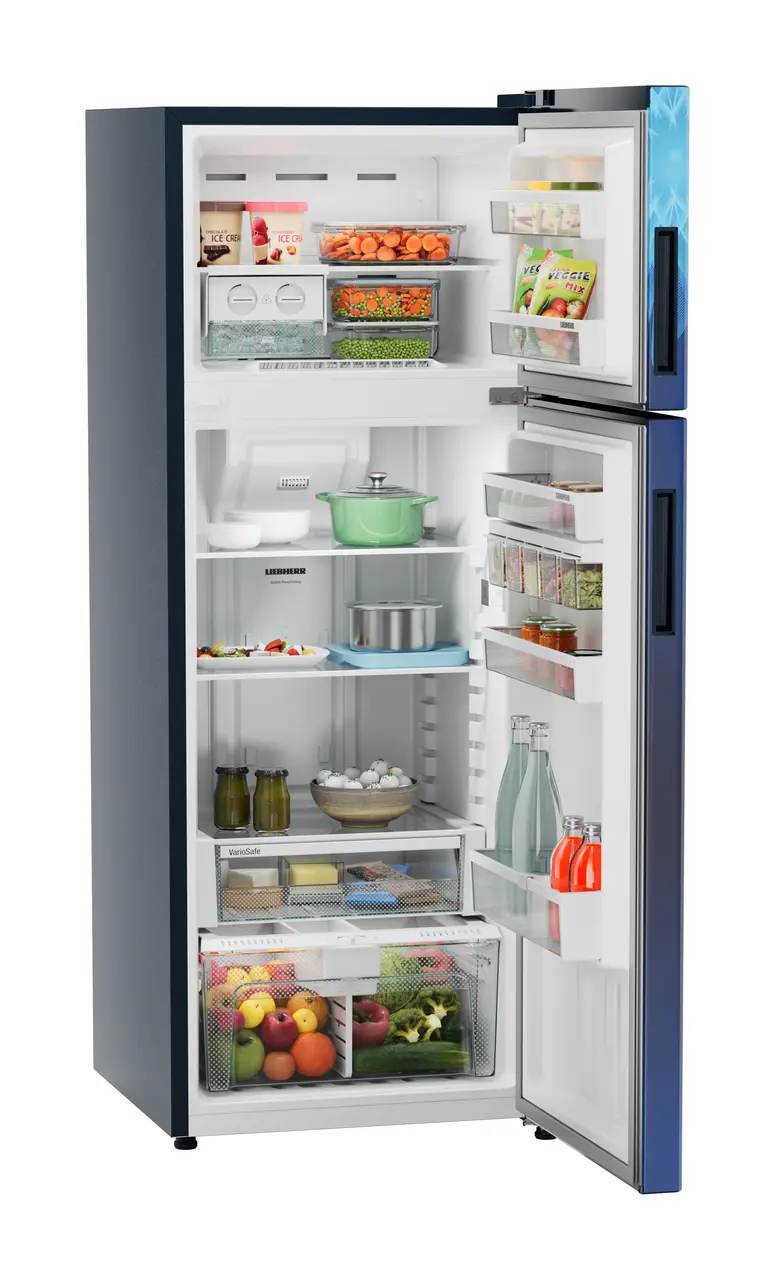 Product image, Perspective: oblique open decorated, Fridge-freezer with NoFrost, Casing colour: blue, Door colour: Blue Mystiq