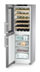 Product image, Perspective: oblique open decorated, Combination with NoFrost freezer compartment and wine tempering compartment, Casing colour: stainless steel, Door colour: stainless steel