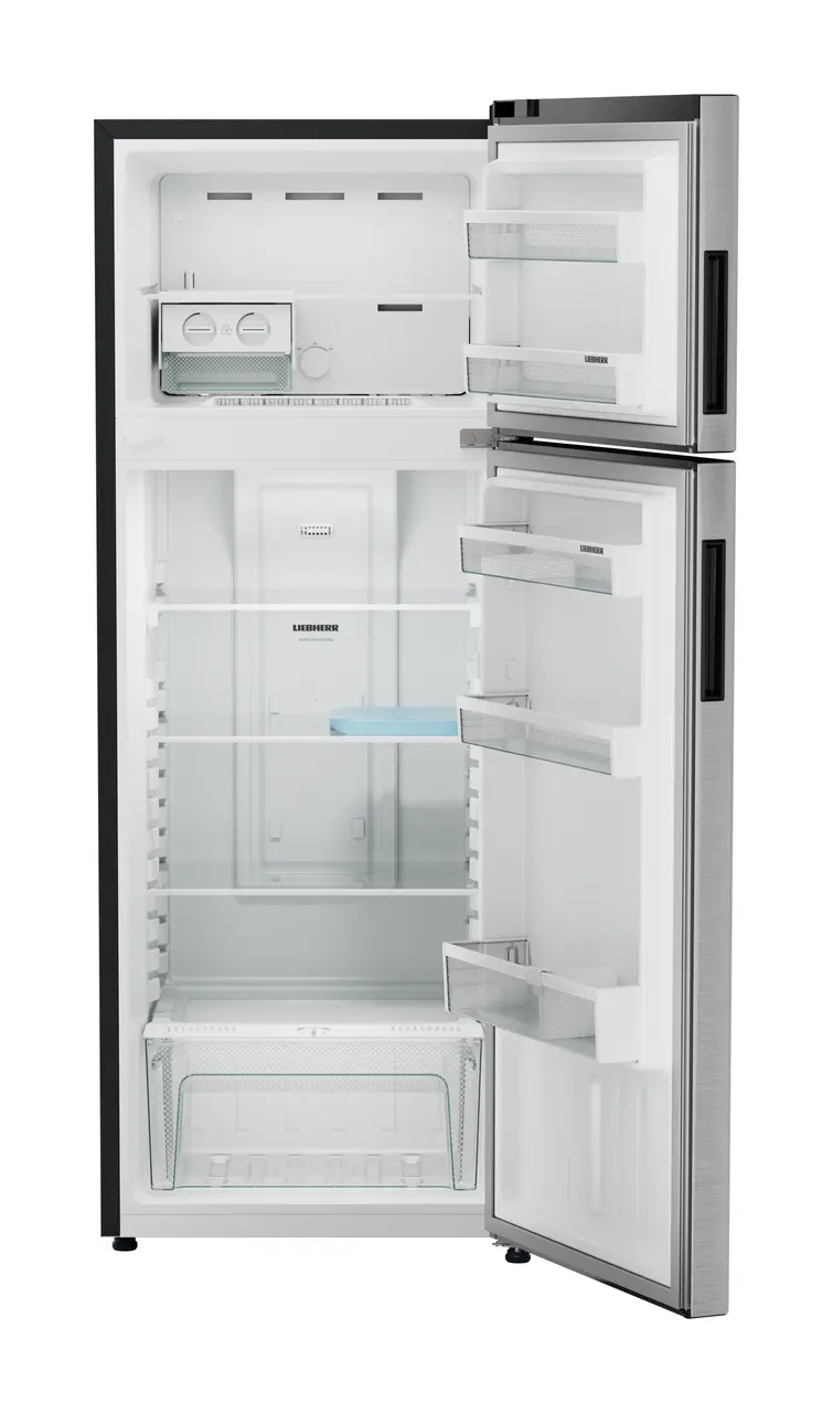 Product image, Perspective: straight open empty, Fridge-freezer with NoFrost, Casing colour: grey, Door colour: Silver Steel
