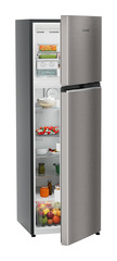 Product image, Perspective: oblique half-open decorated, Fridge-freezer with NoFrost, Casing colour: grey, Door colour: Grey Steel