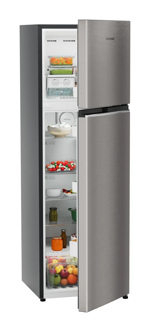 Product image, Perspective: oblique half-open decorated, Fridge-freezer with NoFrost, Casing colour: grey, Door colour: Grey Steel