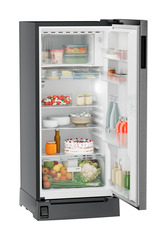 Product image, Perspective: oblique open decorated, Single-door refrigerator 191 l in 3 star with foot pedal base drawer, Casing colour: grey, Door colour: Silver Steel
