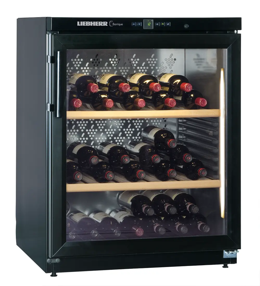 Product image, Perspective: oblique closed decorated, Wine storage cabinet, Casing colour: black, Door colour: black