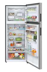 Product image, Perspective: straight open decorated, Fridge-freezer with NoFrost, Casing colour: grey, Door colour: Stainless Steel