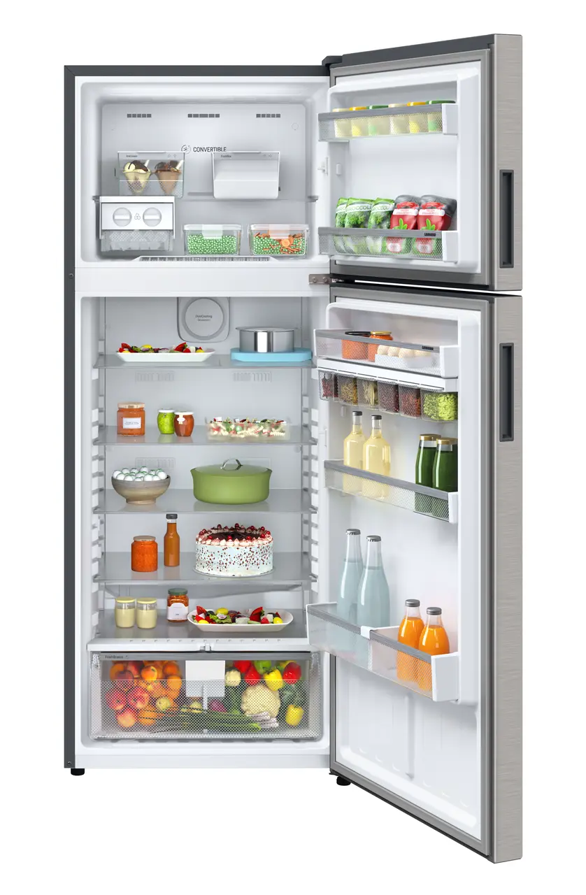 Product image, Perspective: straight open decorated, Fridge-freezer with NoFrost, Casing colour: grey, Door colour: Stainless Steel