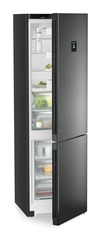 Product image, Perspective: oblique half-open decorated, Fridge-freezer with BioFresh and NoFrost, Casing colour: black, Door colour: BlackSteel