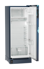 Product image, Perspective: oblique open empty, Single-door refrigerator 222 l in 3 star with foot pedal base drawer, Casing colour: blue, Door colour: Blue Divine