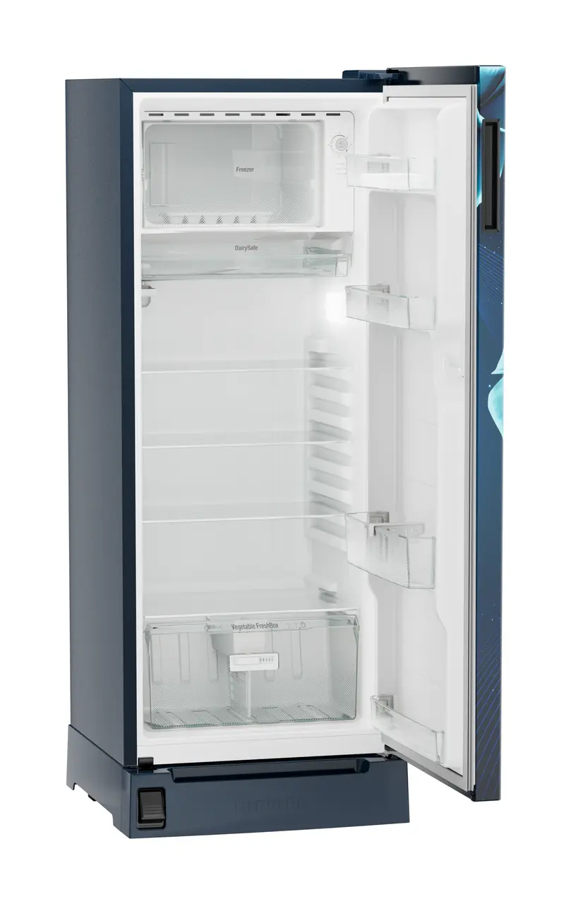 Product image, Perspective: oblique open empty, Single-door refrigerator 222 l in 3 star with foot pedal base drawer, Casing colour: blue, Door colour: Blue Divine