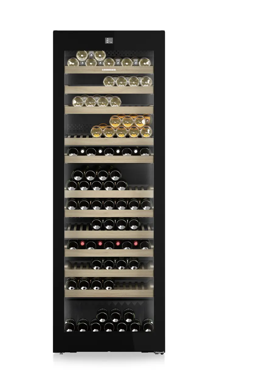 Product image, Perspective: straight closed decorated, Multi-temperature wine cabinet, Casing colour: black, Door colour: GlassBlack