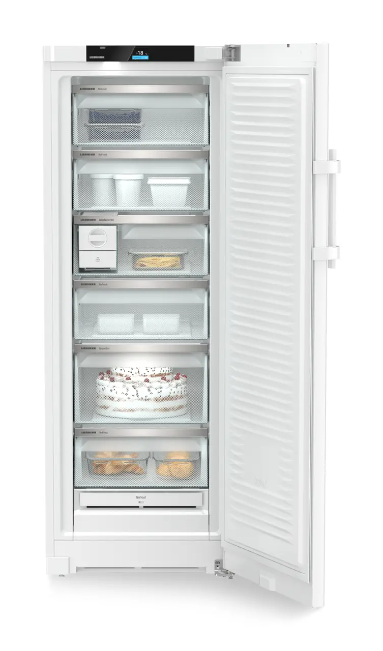 Product image, Perspective: straight open decorated, Freestanding freezer with NoFrost and EasyTwist-Ice, Casing colour: white, Door colour: white