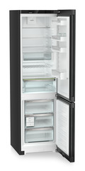 Product image, Perspective: oblique open empty, Combined fridge-freezers with EasyFresh and NoFrost, Casing colour: black, Door colour: BlackSteel