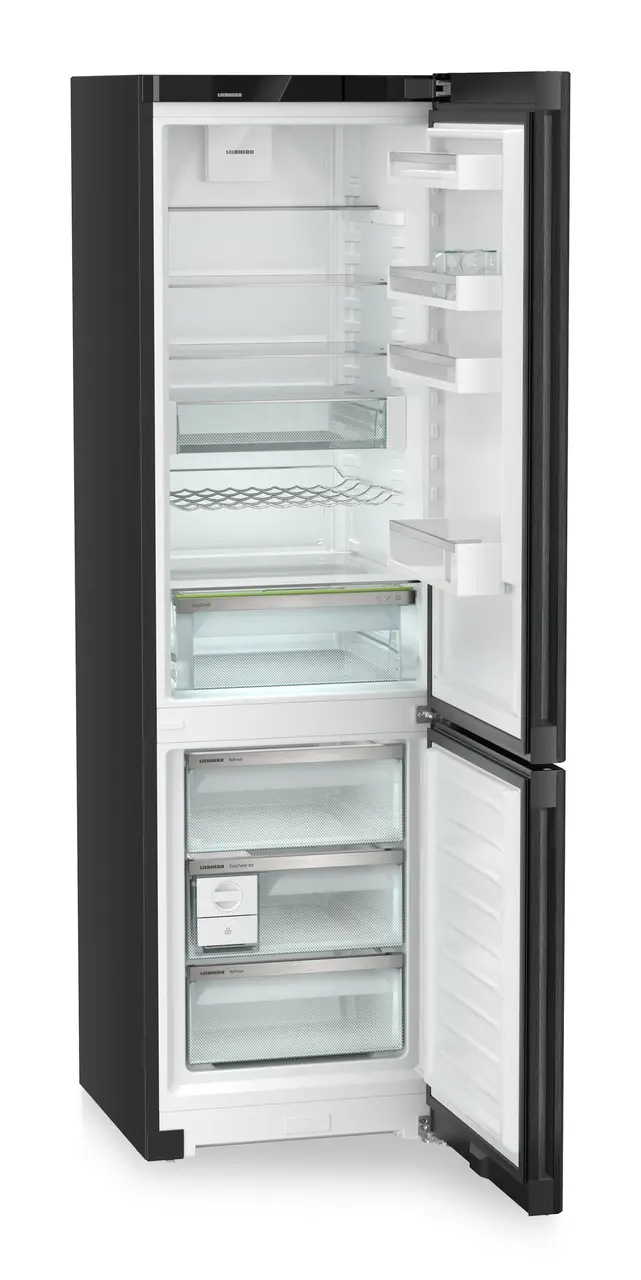 Product image, Perspective: oblique open empty, Combined fridge-freezers with EasyFresh and NoFrost, Casing colour: black, Door colour: BlackSteel