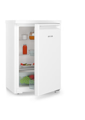 Product image, Perspective: oblique half-open decorated, Table top refrigerator, Casing colour: white, Door colour: white