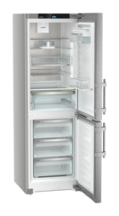 Product image, Perspective: oblique open empty, Combined fridge-freezers with EasyFresh and NoFrost, Casing colour: silver, Door colour: stainless steel