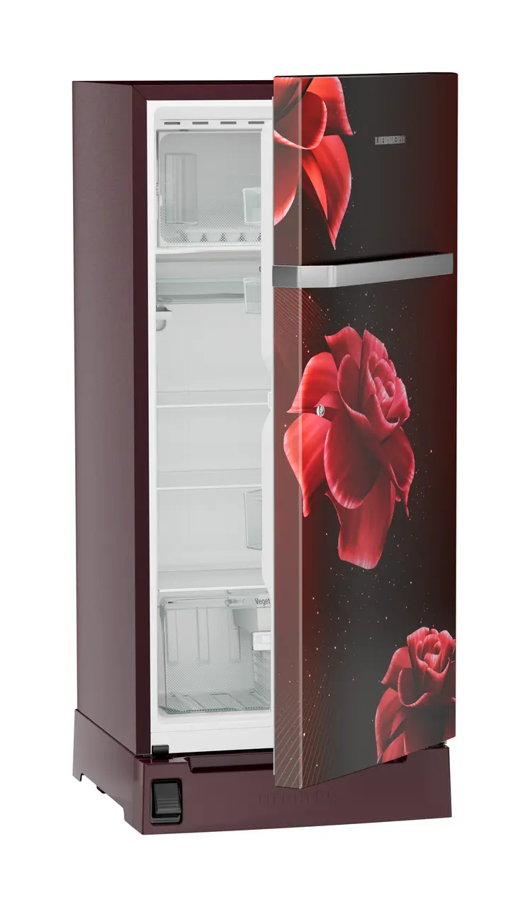 Product image, Perspective: oblique half-open empty, Single-door refrigerator 191 l in 5 star with inverter compressor, Casing colour: red, Door colour: Red Divine