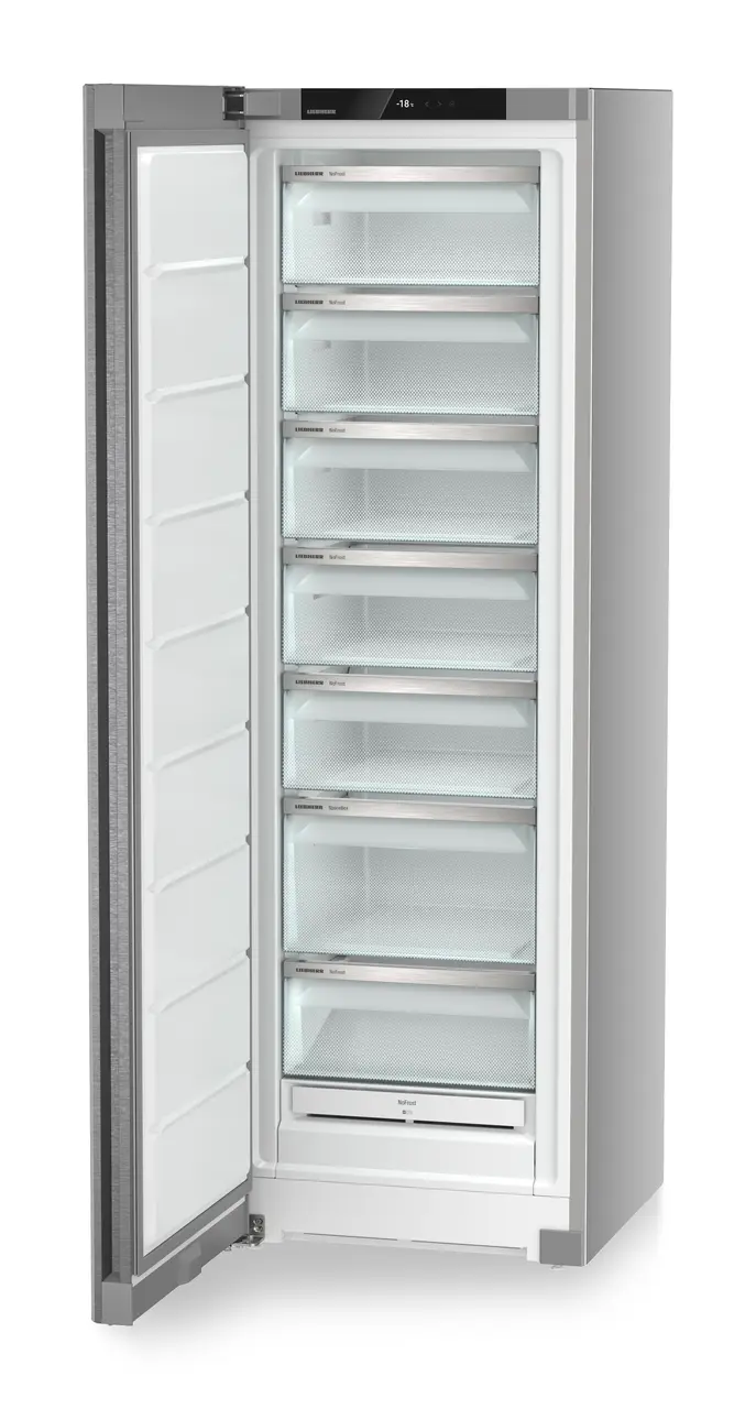 Product image, Perspective: oblique open empty, Freestanding freezer with NoFrost, Casing colour: silver, Door colour: stainless steel