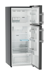 Product image, Perspective: oblique open empty, Fridge-freezer with NoFrost, Casing colour: grey, Door colour: BlackSteel