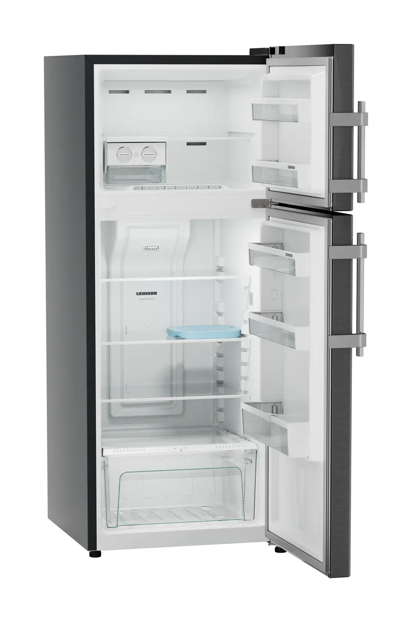 Product image, Perspective: oblique open empty, Fridge-freezer with NoFrost, Casing colour: grey, Door colour: BlackSteel