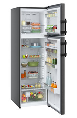 Product image, Perspective: oblique open decorated, Fridge-freezer with NoFrost, Casing colour: black, Door colour: BlackSteel
