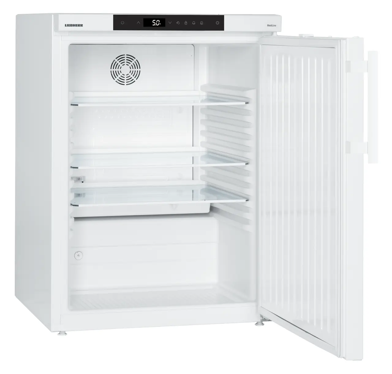 Product image, Perspective: oblique open empty, Lab refrigerator with Comfort electronic controller, Casing colour: white