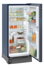 Product image, Perspective: oblique open decorated, Single-door fridge, 191 l in 2 star with foot pedal base drawer, Casing colour: blue, Door colour: Blue Wonder