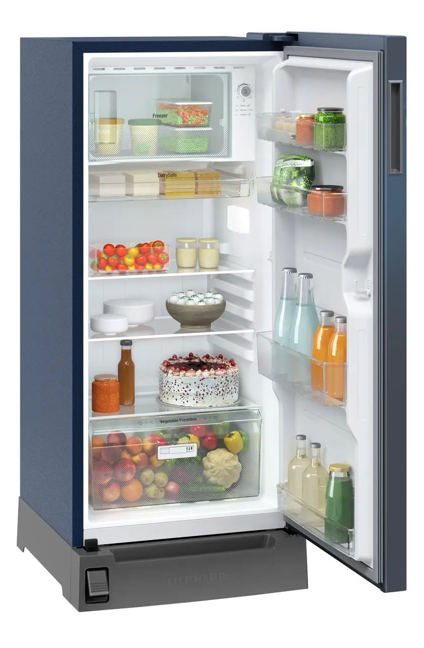 Product image, Perspective: oblique open decorated, Single-door fridge, 191 l in 2 star with foot pedal base drawer, Casing colour: blue, Door colour: Blue Wonder