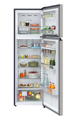 Product image, Perspective: straight open decorated, Fridge-freezer with NoFrost, Casing colour: grey, Door colour: Grey Steel
