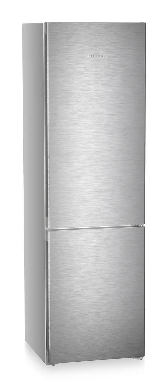Product image, Perspective: oblique closed, Combined fridge-freezers with EasyFresh and NoFrost, Casing colour: silver, Door colour: stainless steel