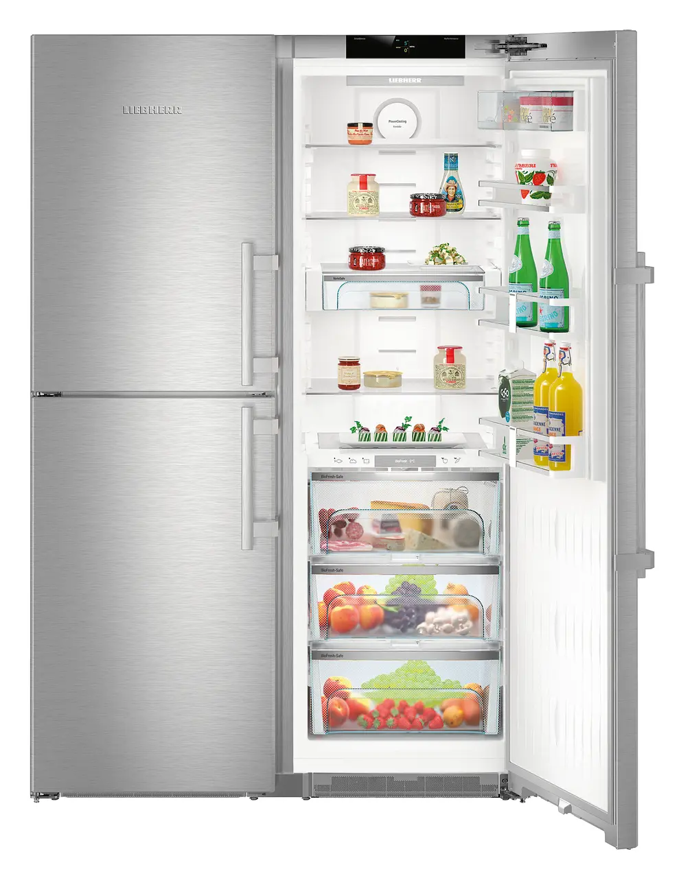 Product image, Perspective: special form, Side-by-Side combination, Casing colour: stainless steel, Door colour: stainless steel