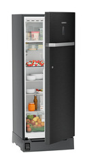 Product image, Perspective: oblique half-open decorated, Single-door refrigerator 222 l with foot pedal base drawer and iCoolTouch UI, Casing colour: grey, Door colour: BlackSteel
