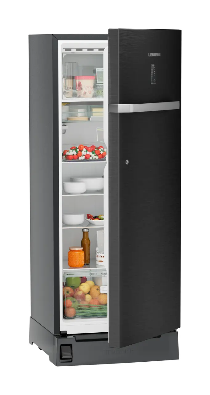Product image, Perspective: oblique half-open decorated, Single-door refrigerator 222 l with foot pedal base drawer and iCoolTouch UI, Casing colour: grey, Door colour: BlackSteel